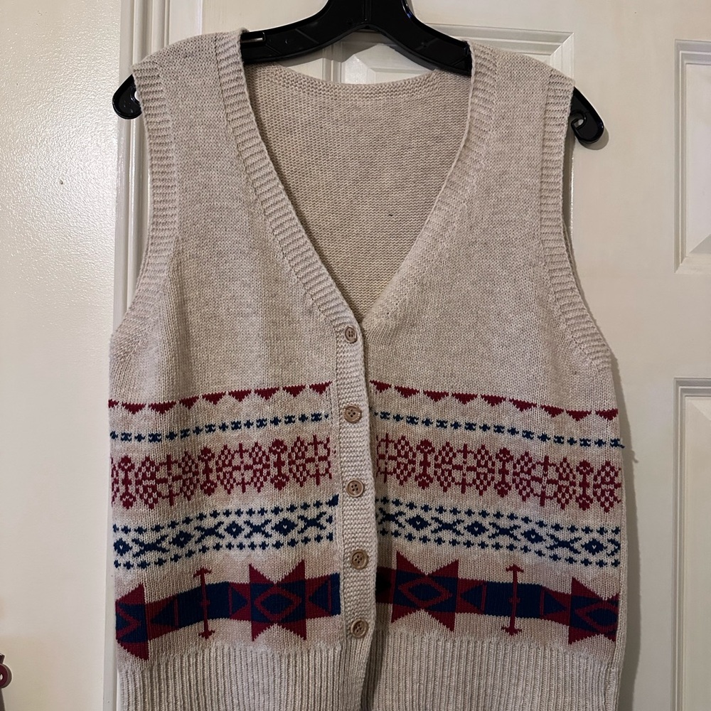 Beige Knit Vest with Red and Blue Pattern